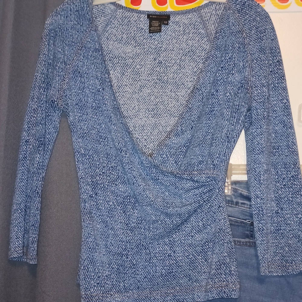 Y2K BCBGMAXAZRIA Blue Space Dye Faux Wrap V-Neck Top XS Long Sleeve Slim Fit